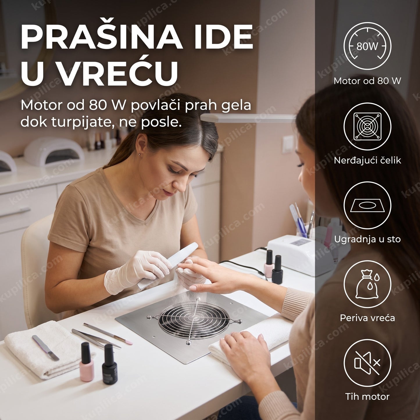 ugradni aspirator za nokte NM1051 — tehničarka radi manikir, prašina ide u vreću, ugradnja u sto