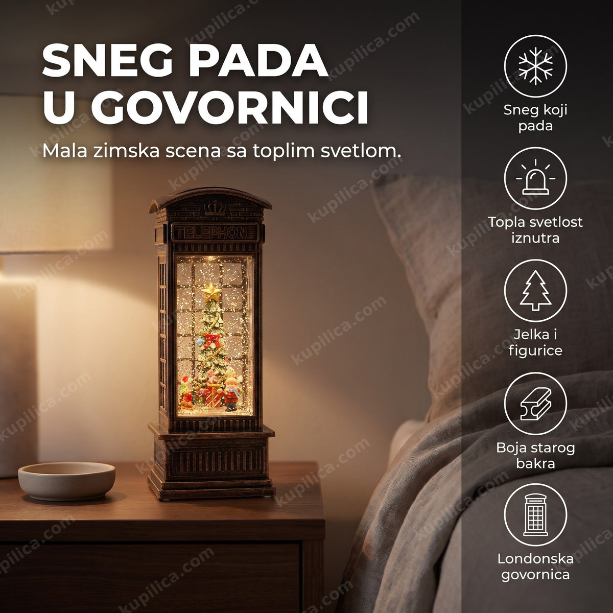 ukras telefonska govornica sa efektom snega i jelkom na noćnom ormariću u spavaćoj sobi