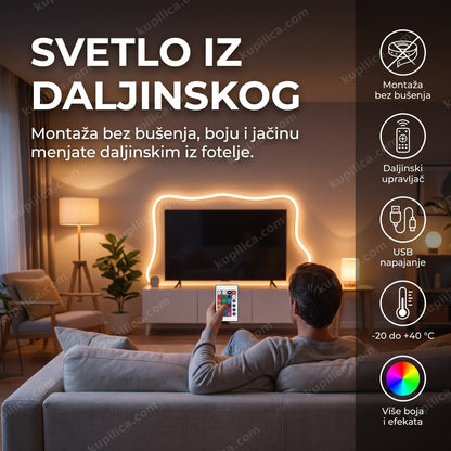 ukrasna USB LED traka D1010 — odrasla osoba menja boju svetla daljinskim, montaža bez bušenja