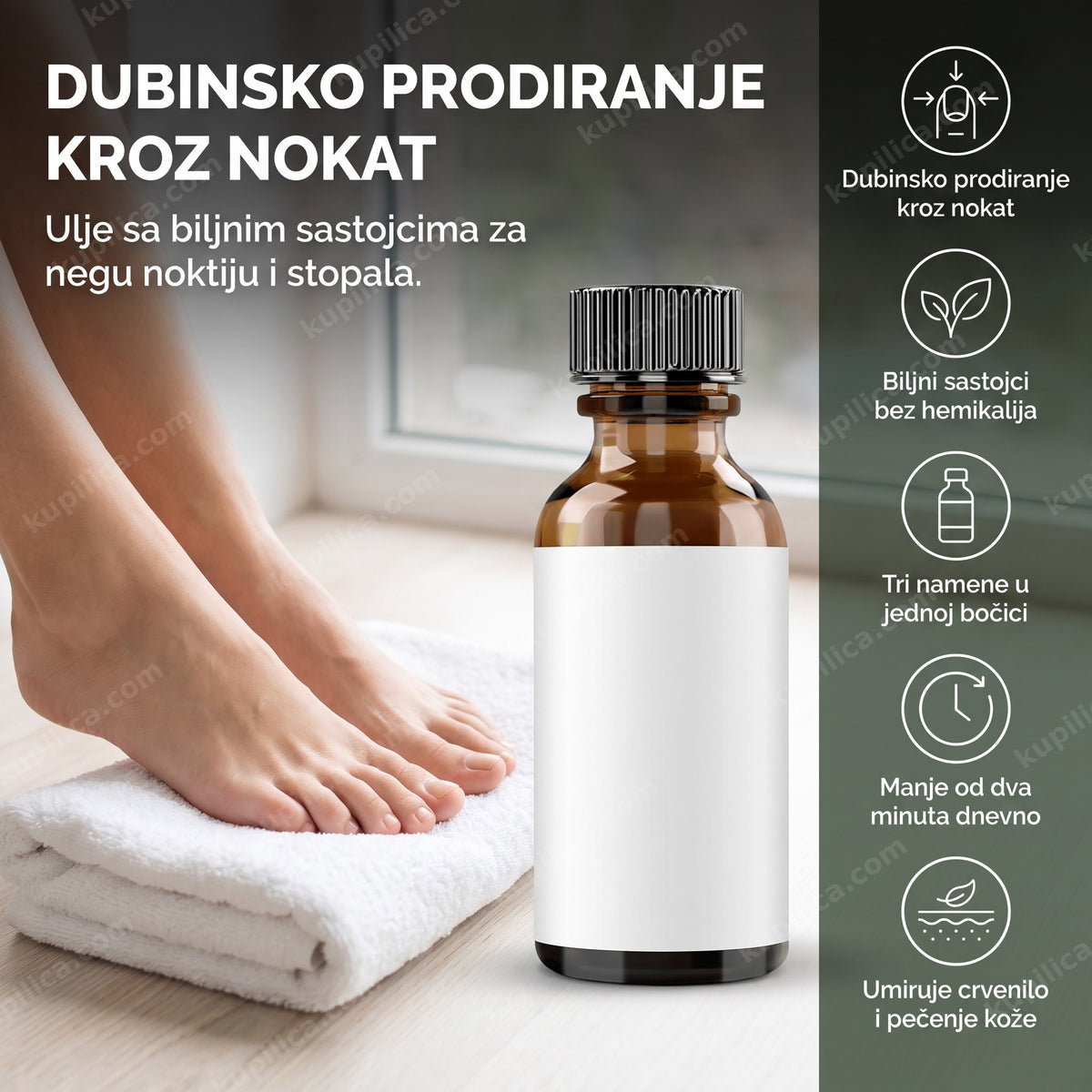 Bočica ulja protiv gljivica na noktima sa praznom etiketom u spa ambijentu, benefiti proizvoda