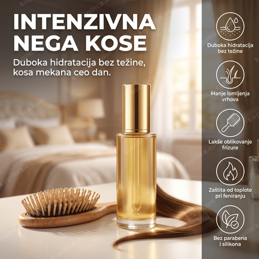 Zlatna bočica ulja za negu kose sa pramenom zdrave kose, benefiti proizvoda