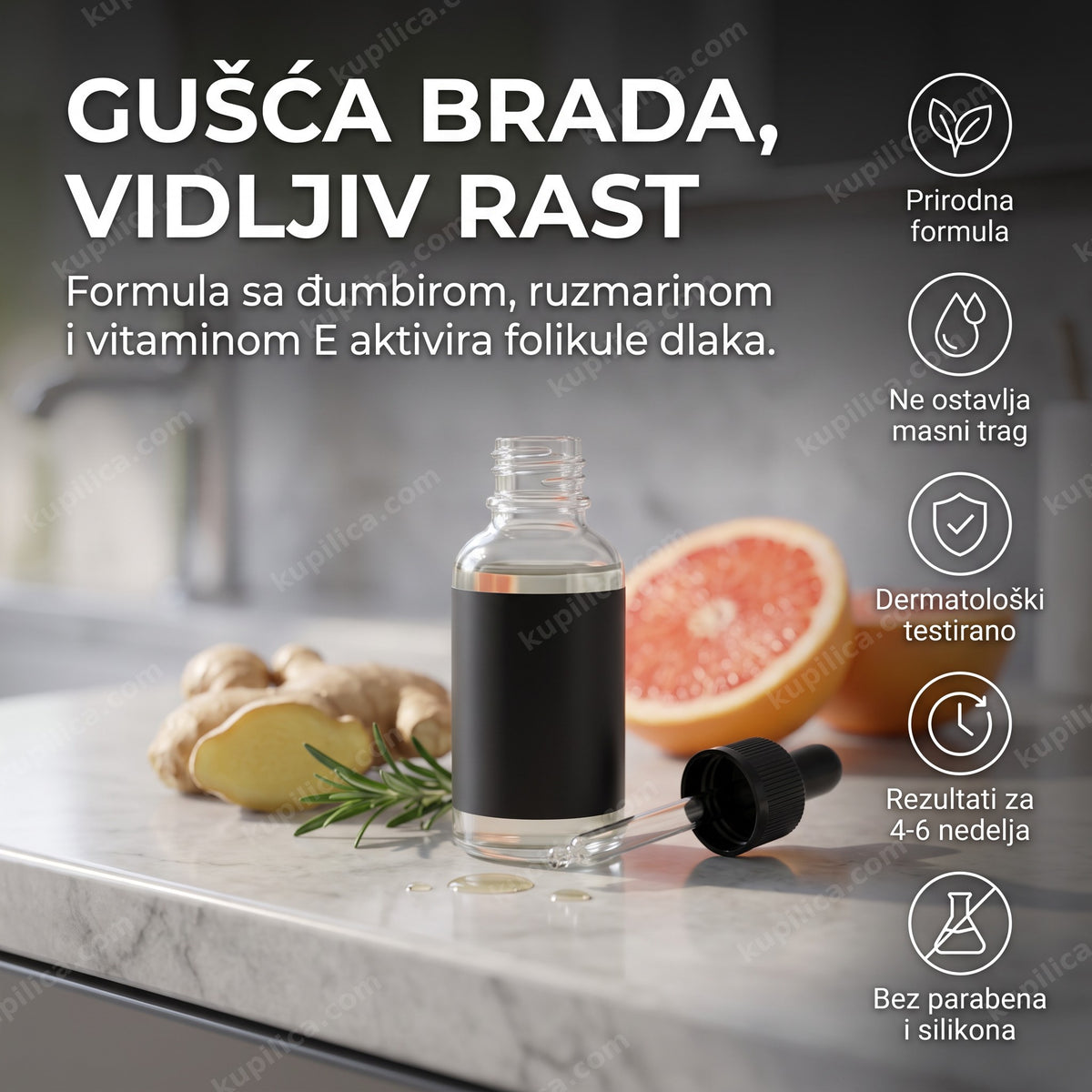 ulje za rast brade — bočica sa kapaljkom pored đumbira i ruzmarina