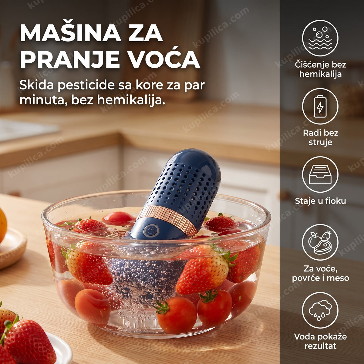 ultrazvučna mašina za pranje voća uronjena u posudu sa vodom, benefiti proizvoda