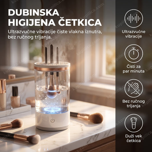 ultrazvučni čistač četkica za šminku na kupatilskom stočiću sa tri četkice u tečnosti — benefiti proizvoda