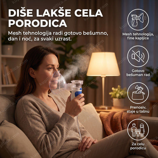 ultrazvučni inhalator mesh koristi odrasla osoba uveče u dnevnoj sobi — benefiti proizvoda