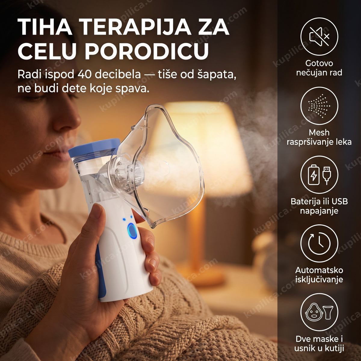 ultrazvučni mesh inhalator - odrasla osoba drži inhalator sa maglicom u mirnoj spavaćoj sobi - benefiti proizvoda