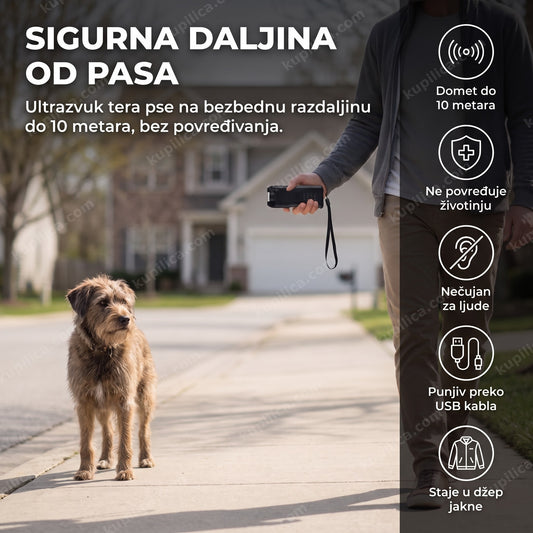 osoba drži ultrazvučni rasterivač pasa dok pas stoji na bezbednoj daljini, benefiti proizvoda