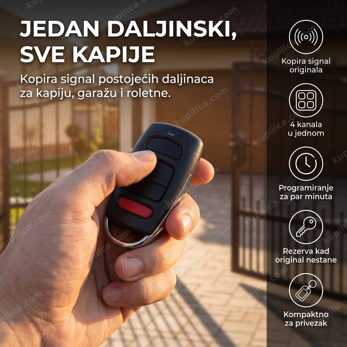 Univerzalni daljinski upravljač za kapije u ruci ispred dvorišne kapije