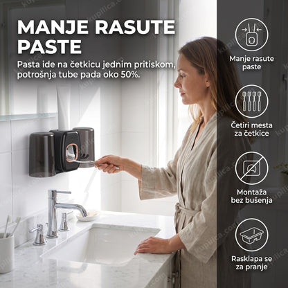 univerzalni dozer paste za zube — odrasla osoba koristi dozer kod kuće, montaža bez bušenja, četiri mesta za četkice