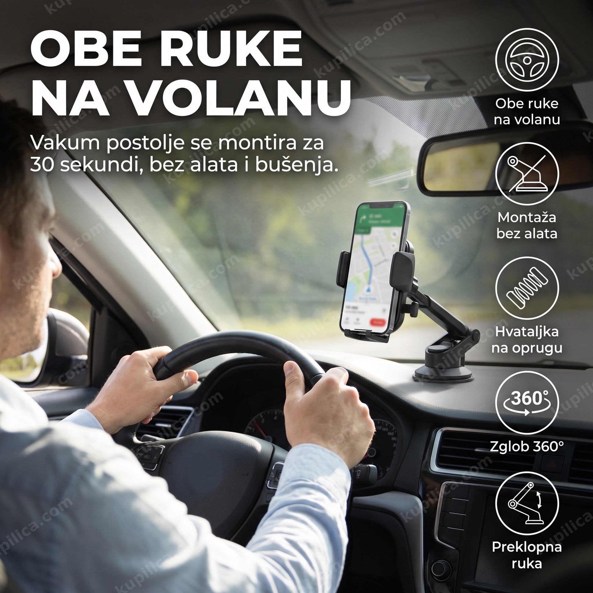 univerzalni držač za telefon za auto D003 — vozač sa obe ruke na volanu, telefon na vakum postolju, navigacija na ekranu