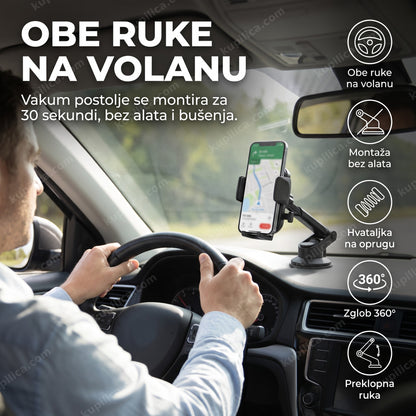 univerzalni držač za telefon za auto D003 — vozač sa obe ruke na volanu, telefon na vakum postolju, navigacija na ekranu