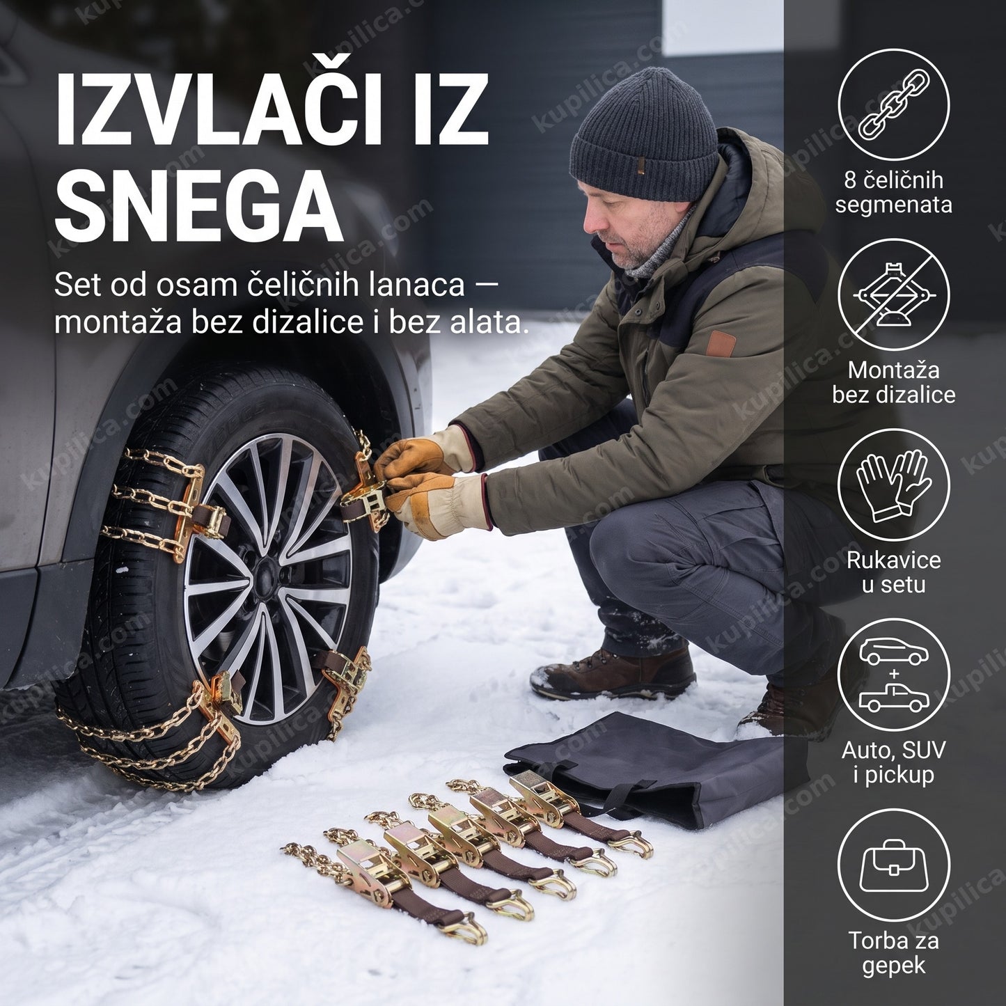 univerzalni lanci za sneg Good Road — muškarac montira lance na točak, set od 8 komada, bez dizalice