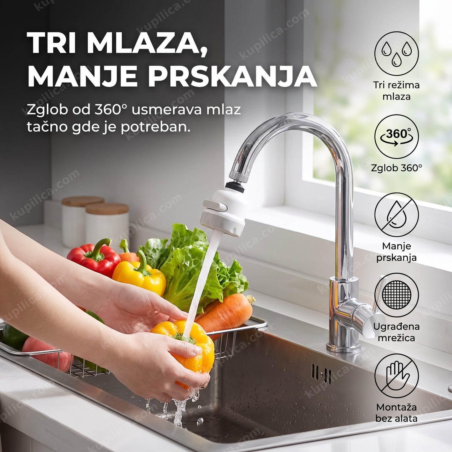 univerzalni nastavak za slavinu sa 3 režima mlaza — odrasla osoba pere sudove kod kuće, zglob 360°, manje prskanja