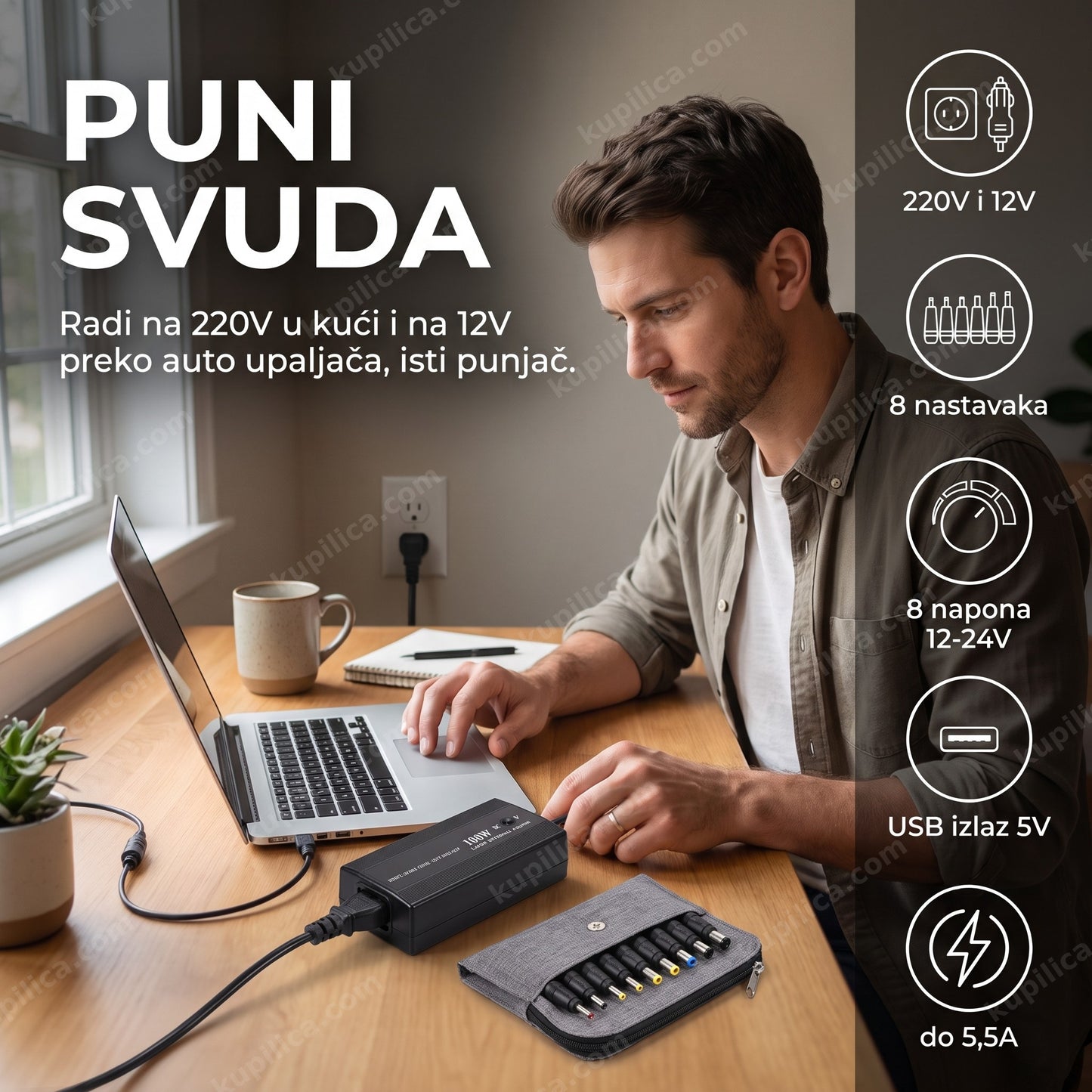 Univerzalni punjač za laptop za auto i kuću sa 8 nastavaka na radnom stolu