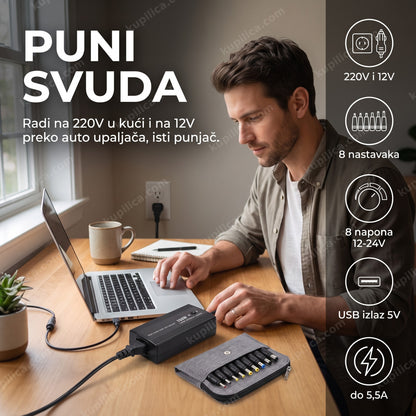 Univerzalni punjač za laptop za auto i kuću sa 8 nastavaka na radnom stolu