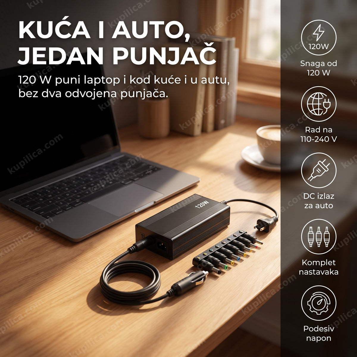 univerzalni punjač za laptop 120w sa nastavcima i auto adapterom na stolu, benefiti proizvoda