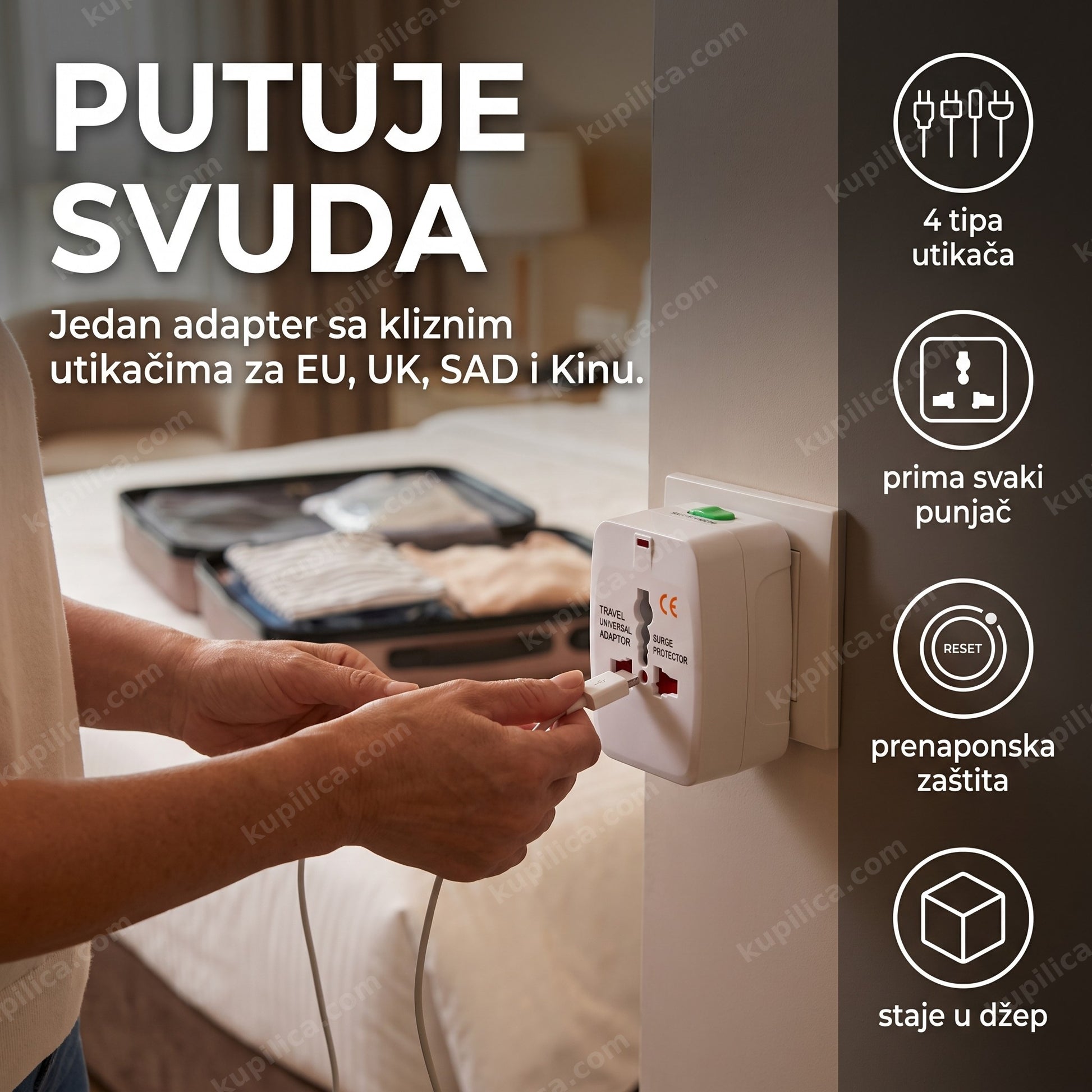 Univerzalni putni adapter All in One sa klizećim utikačima u hotelskoj sobi