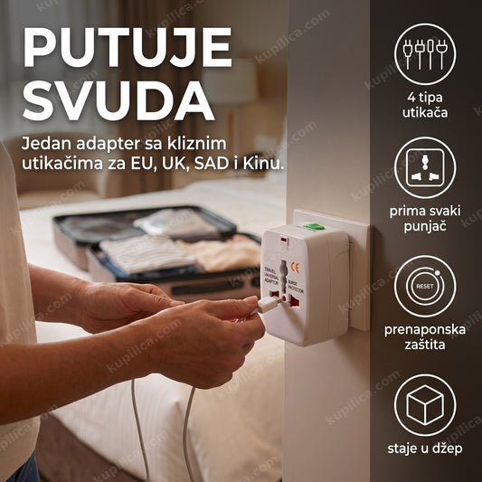 Univerzalni putni adapter All in One sa klizećim utikačima u hotelskoj sobi