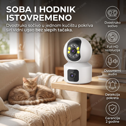unutrašnja wi-fi kamera sa dva sočiva u dnevnoj sobi, benefiti proizvoda