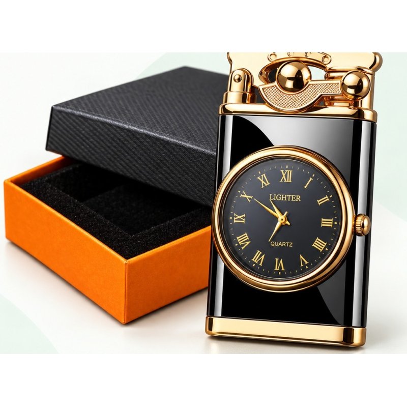 Upaljač sa satom crno-zlatni — prednja strana sa brojčanikom i rimskim brojevima