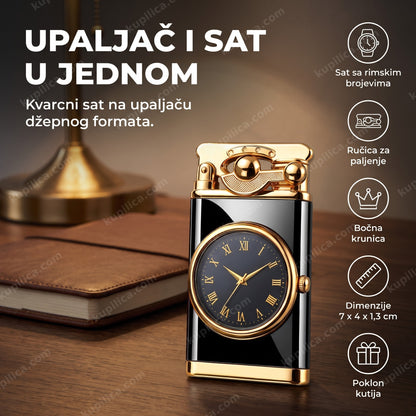 crno-zlatni upaljač sa satom i rimskim brojevima na drvenom stolu