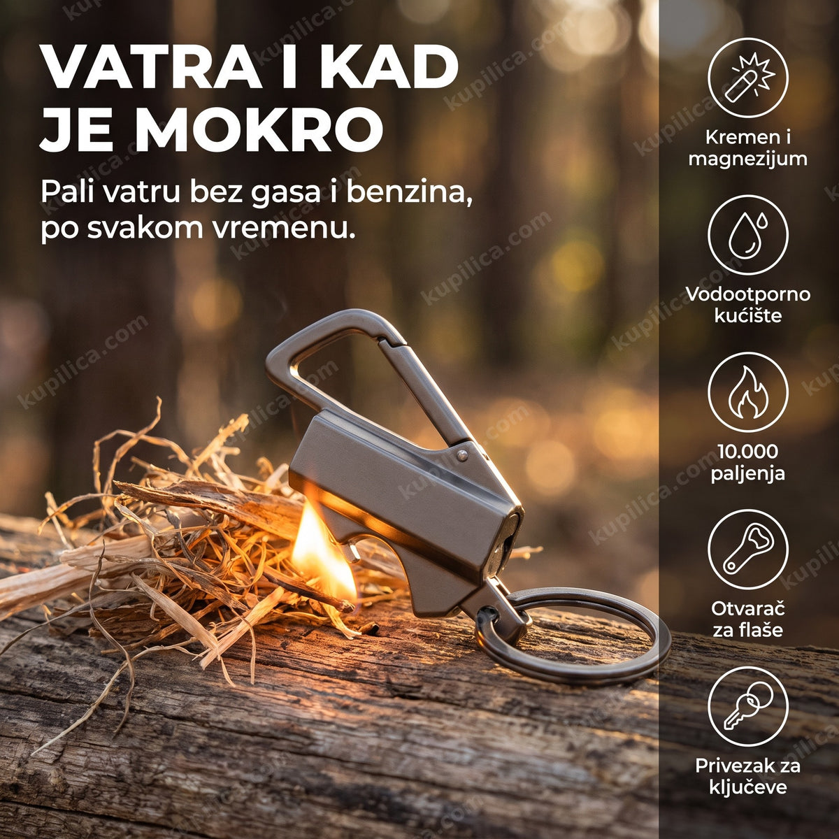 upaljač za kampovanje 3u1 sa kremenom, otvaračem za flaše i privezkom za ključeve
