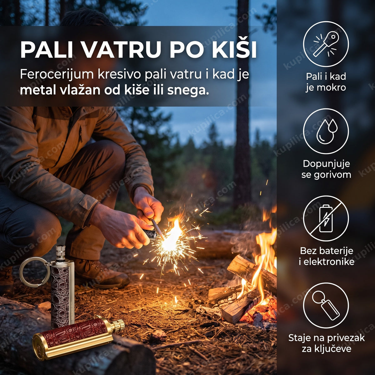 upaljač za preživljavanje pali vatru kraj logorske vatre, benefiti proizvoda