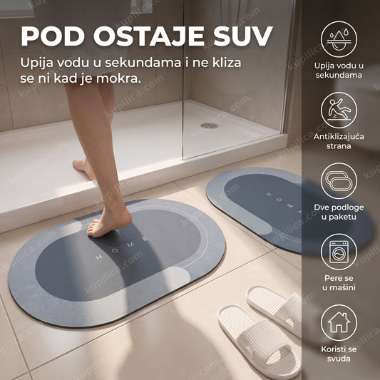 upijajuća antiklizajuća podloga za kupatilo komplet dva komada sa prikazom benefita proizvoda