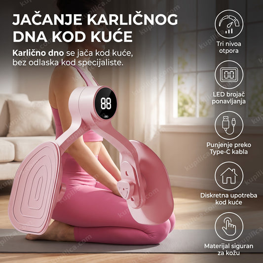 roze uređaj za jačanje karličnog dna pored joga prostirke, benefiti proizvoda