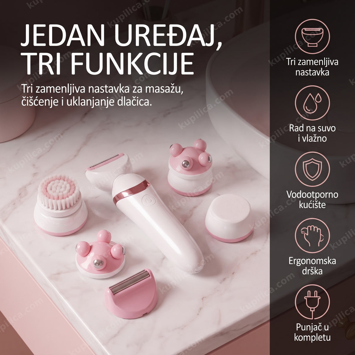 Uređaj za negu lica sa tri nastavka poređana na stolu, benefiti proizvoda