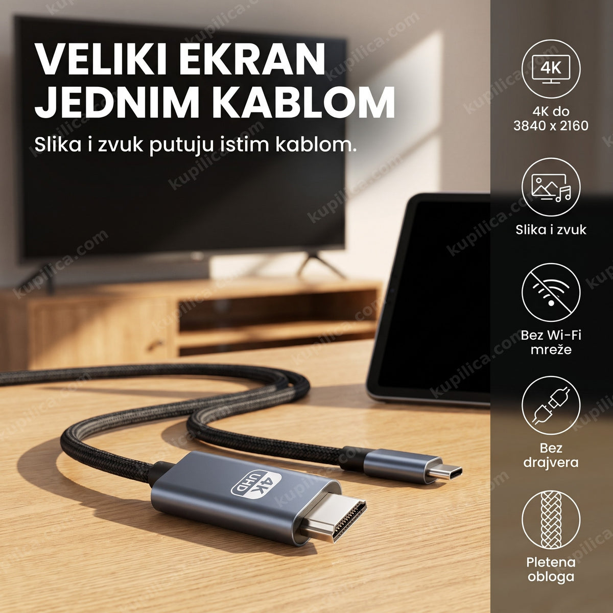 pleteni usb-c na hdmi kabl 4k na drvenom stolu ispred televizora