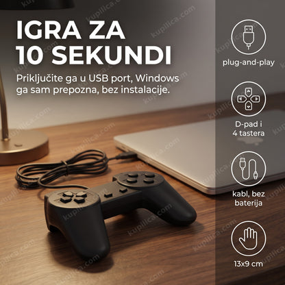 USB džojstik za kompjuter sa namotanim kablom pored laptopa na drvenom radnom stolu