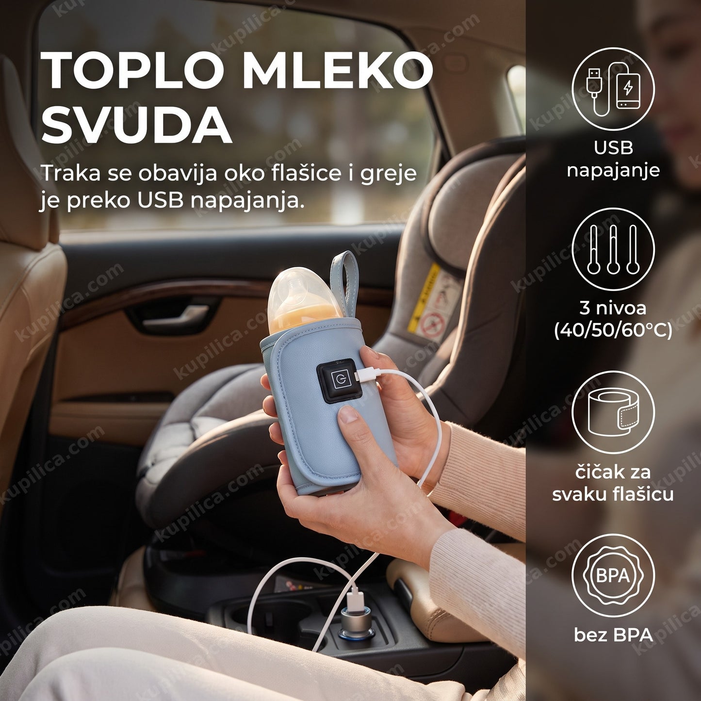 USB grejač za bebi flašice sa tri temperature u automobilu