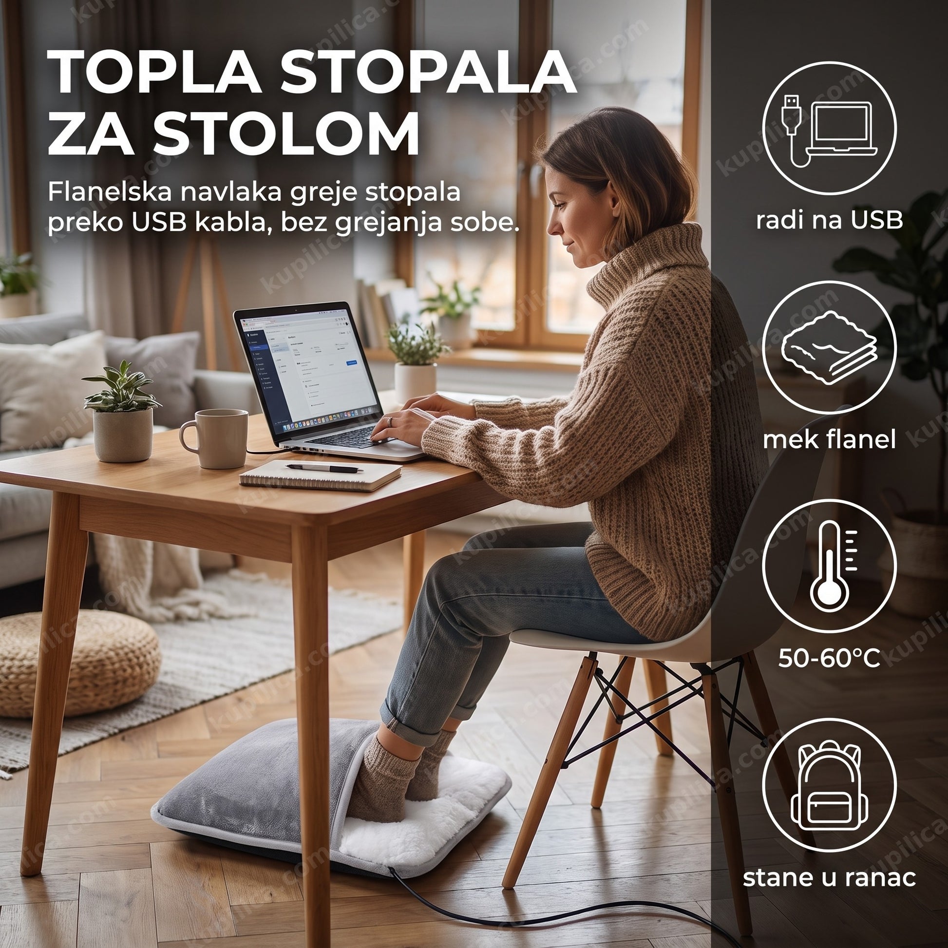 USB grejač za stopala od flanela na radnom stolu kod kuće