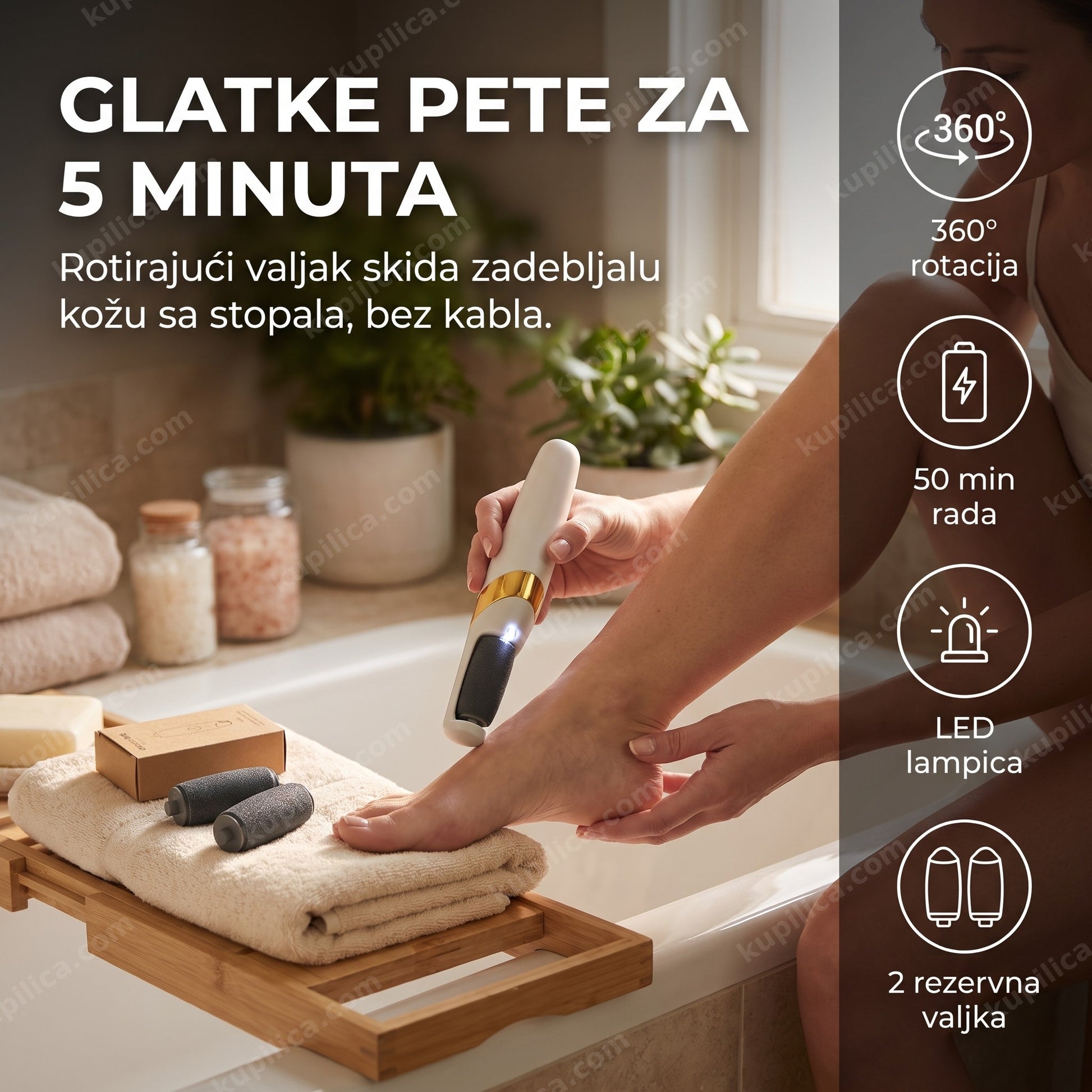 USB električna turpija za pete i stopala u upotrebi u kupatilu
