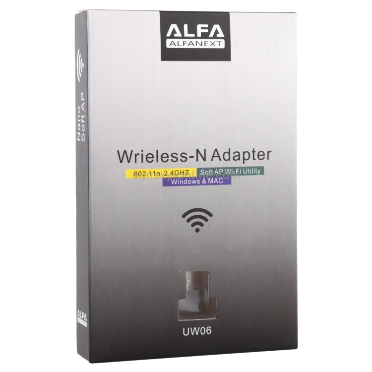 kutija Alfa UW06 Wireless-N adaptera sa oznakama 802.11n, 2,4 GHz, Soft AP i Windows & Mac