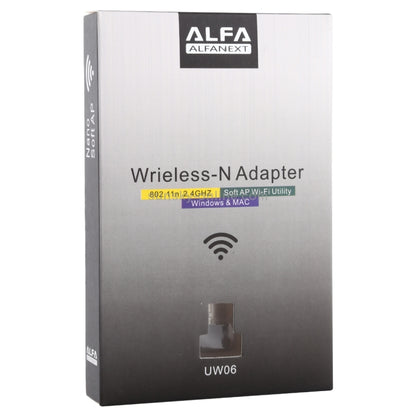 kutija Alfa UW06 Wireless-N adaptera sa oznakama 802.11n, 2,4 GHz, Soft AP i Windows & Mac