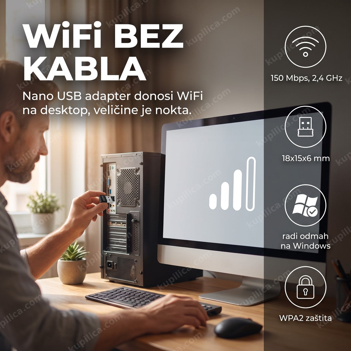 Nano USB WiFi adapter Alfa UW06 priključen na desktop računar