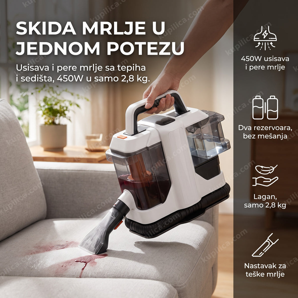 PowerMax prenosivi usisivač 450W pere mrlju sa kauča u dnevnoj sobi, benefiti proizvoda