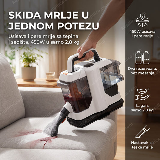 PowerMax prenosivi usisivač 450W pere mrlju sa kauča u dnevnoj sobi, benefiti proizvoda