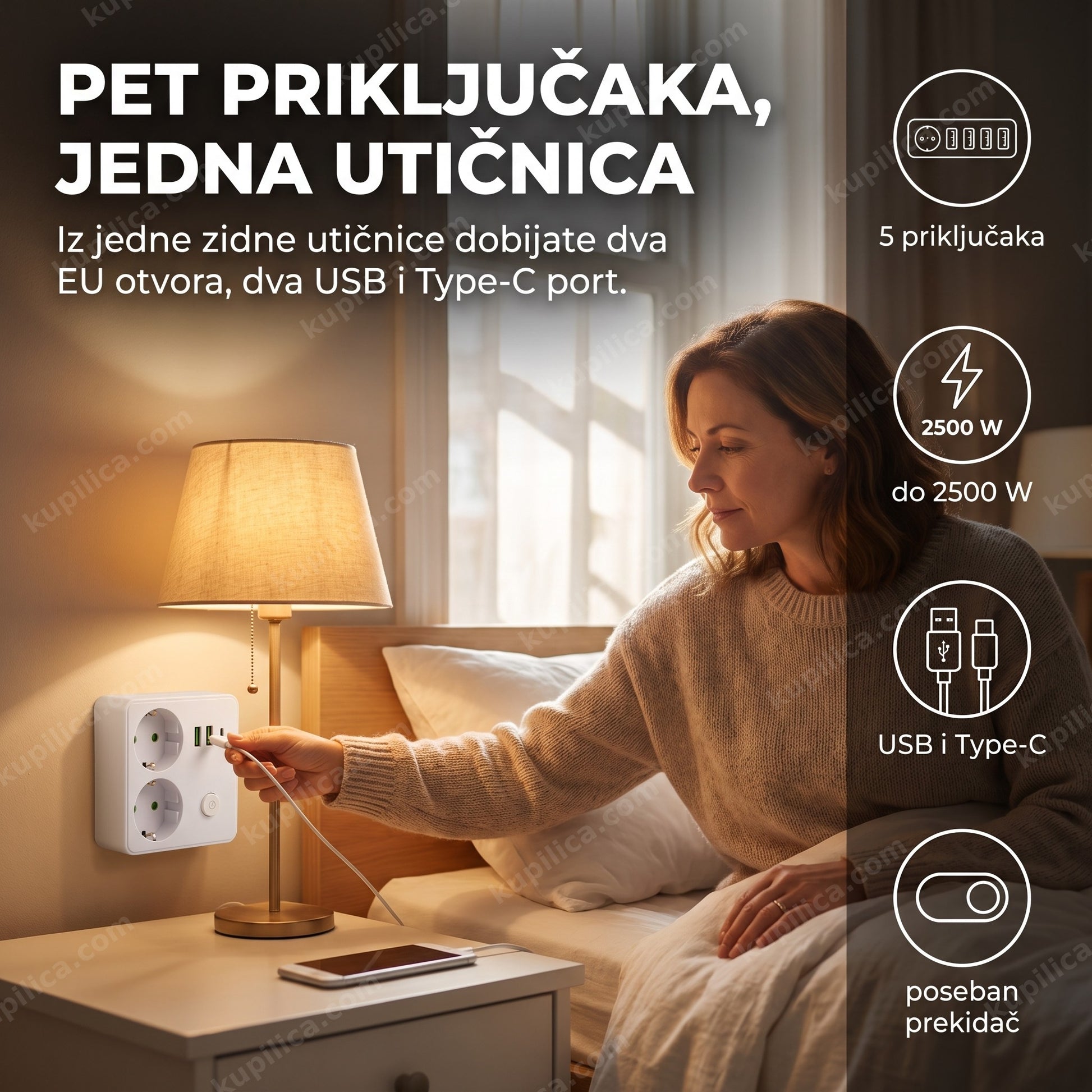 Utičnica razdelnik sa USB i Type-C portovima na noćnom stočiću