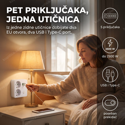Utičnica razdelnik sa USB i Type-C portovima na noćnom stočiću