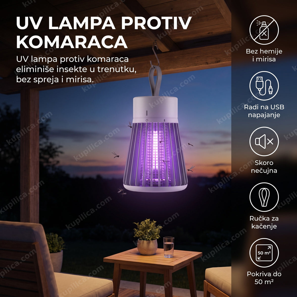 uv lampa protiv komaraca sa ljubičastim svetlom na terasi uveče, benefiti proizvoda