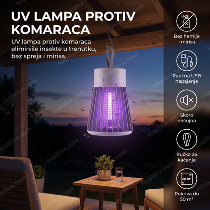 uv lampa protiv komaraca sa ljubičastim svetlom na terasi uveče, benefiti proizvoda
