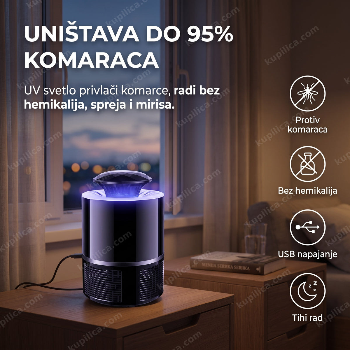 usb uv lampa protiv komaraca na stočiću u spavaćoj sobi uveče sa benefitima proizvoda