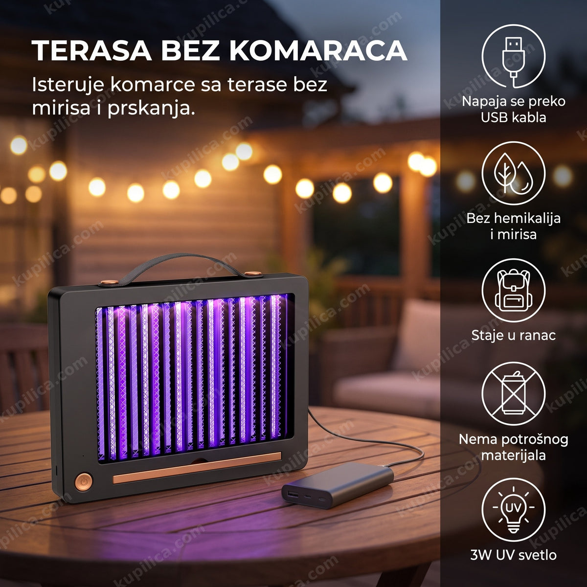uv lampa protiv komaraca na stolu na terasi uveče, benefiti proizvoda