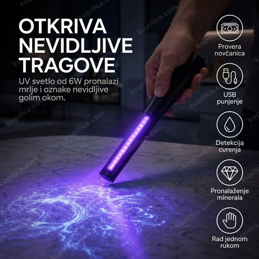 UV lampa ručna punjiva — osvetljava fluorescentne tragove na površini