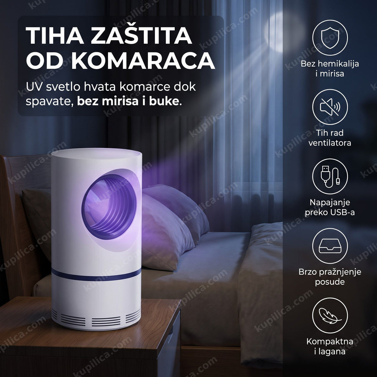 uv led lampa za komarce sa ljubičastim svetlom na noćnom stočiću u mraku, benefiti proizvoda