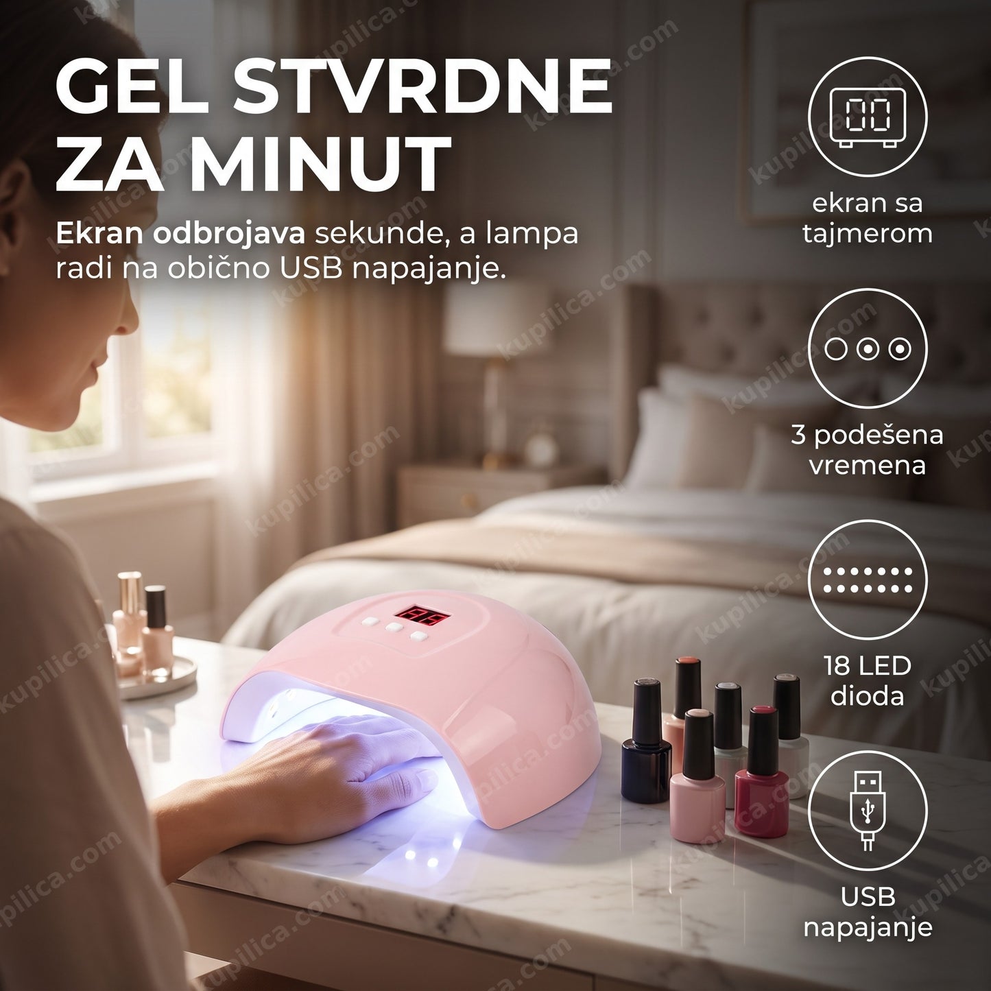 Roze UV LED lampa za nokte 54W sa ekranom na kućnom toaletnom stočiću
