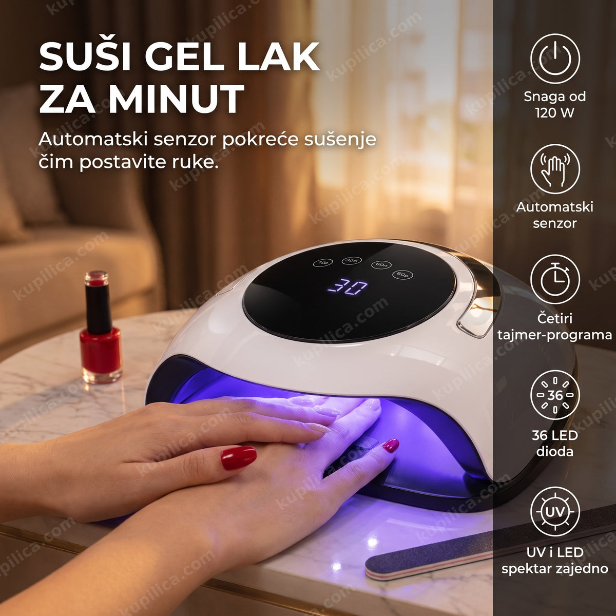 UV LED lampa za nokte sa obe šake unutra tokom gel manikira u toploj atmosferi